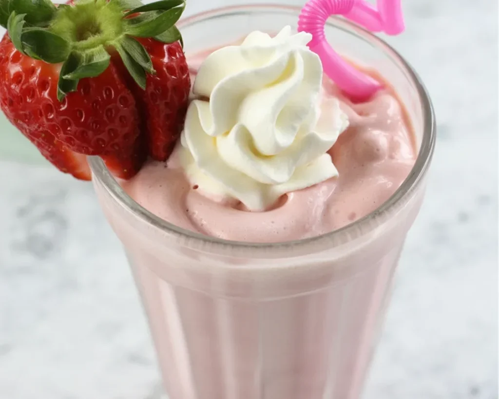 Ninja Creami strawberry milkshake with fresh strawberries and vanilla ice cream.