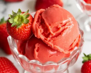 Delicious homemade Ninja Creami sorbet featuring fresh fruit flavors like strawberry and mango.