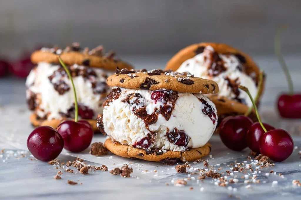Chocolate chip cookie ice cream sandwiches with melting ice cream