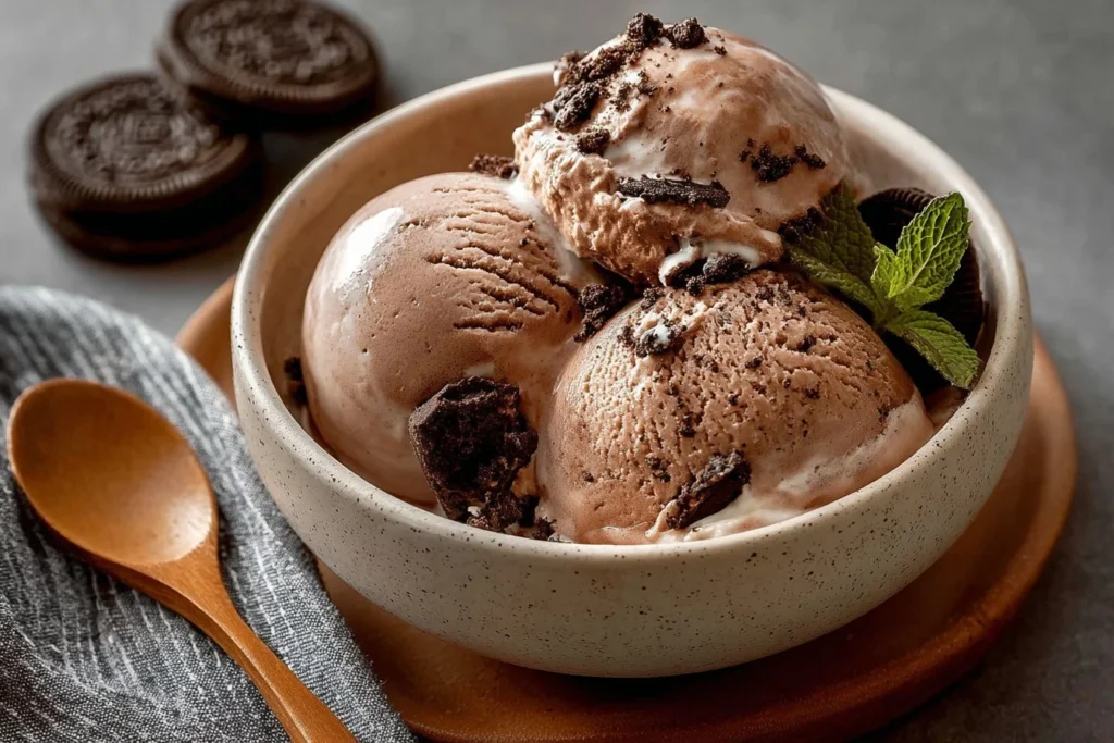 Chocolate Oreo Protein Ice Cream served in a bowl with a spoon
