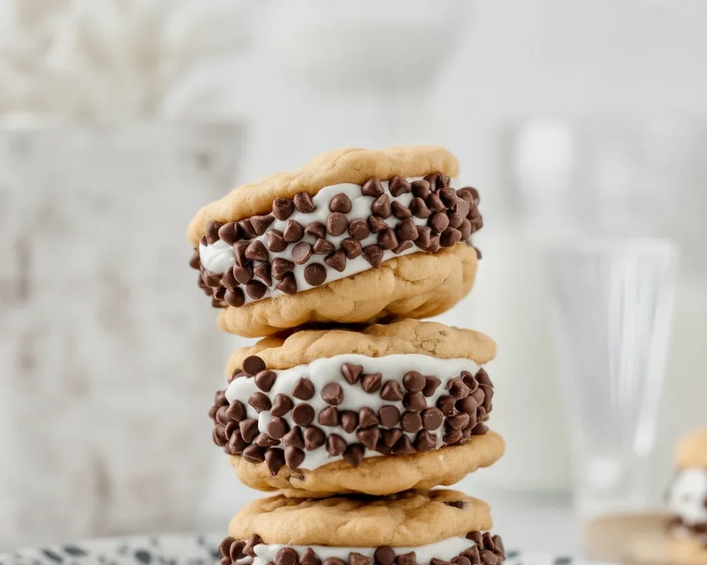 Delicious homemade cookie ice cream sandwiches with creamy vanilla ice cream