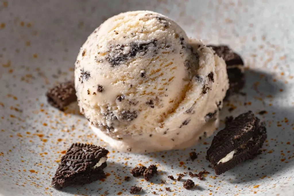 Delicious Cookies and Cream Ice Cream with chocolate cookie pieces.