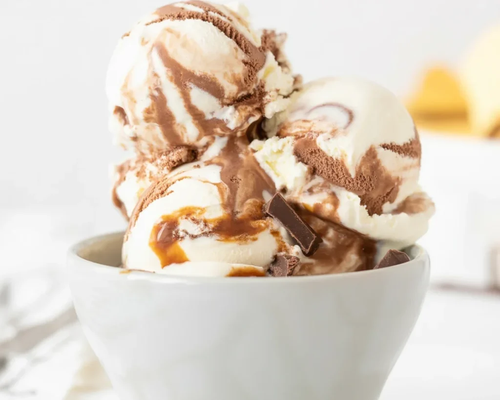 Delicious bowl of homemade Moose Tracks ice cream with peanut butter cups and fudge swirls