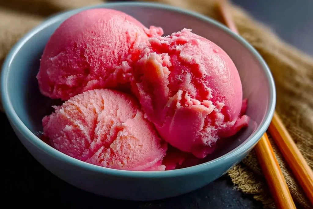 Delicious homemade rhubarb ice cream in a bowl topped with fresh rhubarb slices
