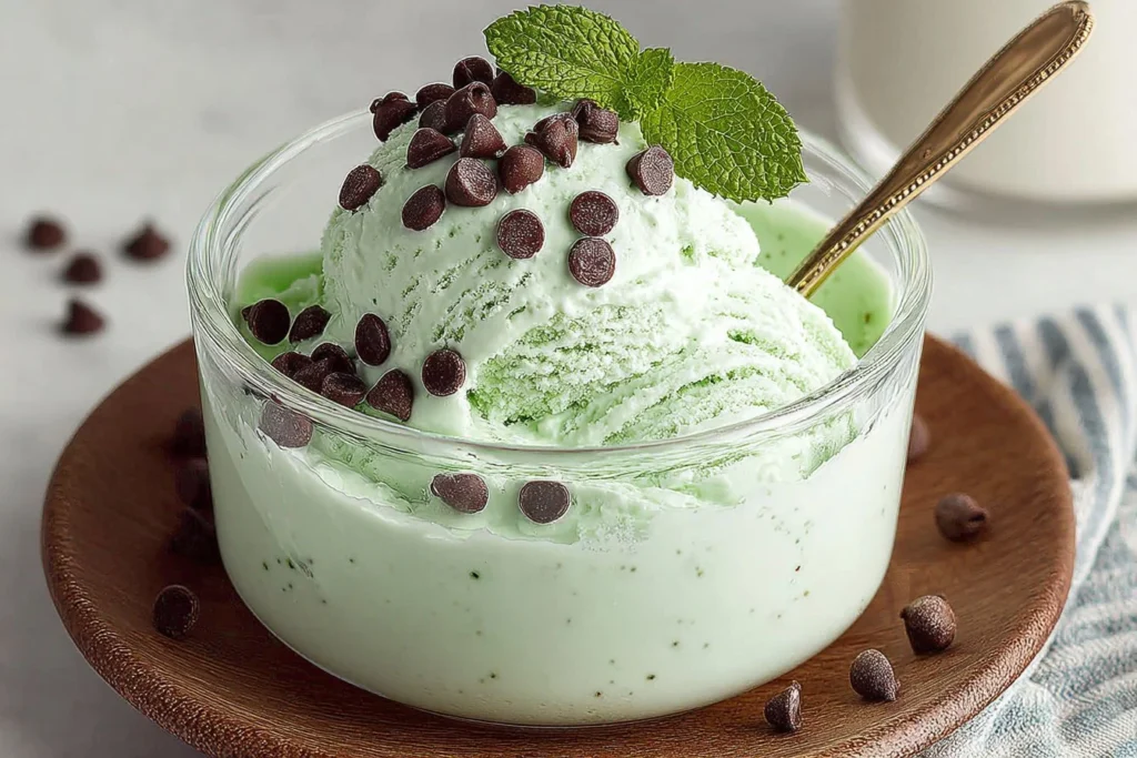 Bowl of mint chocolate chip protein ice cream topped with chocolate chips