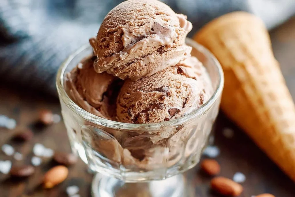 Delicious bowl of mocha ice cream topped with chocolate shavings and coffee beans