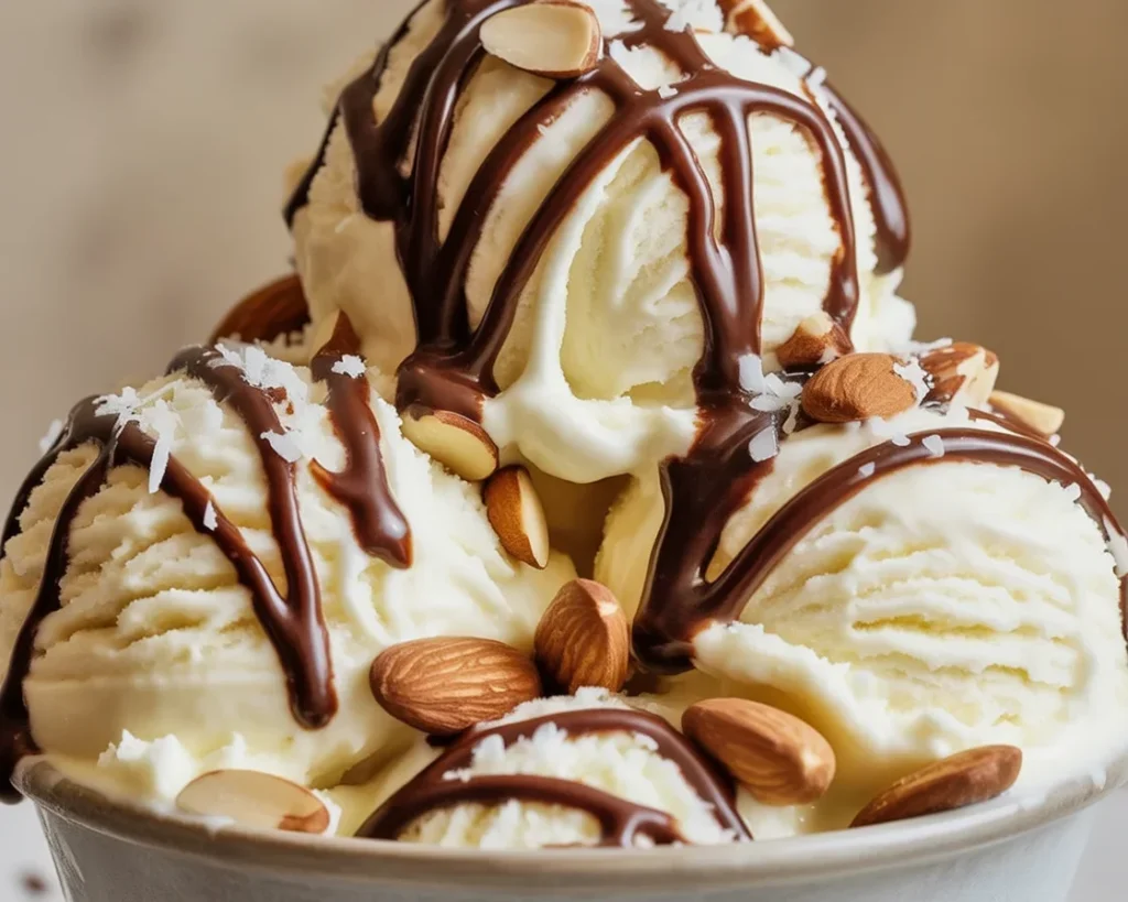 Ninja Creami Almond Joy Ice Cream topped with chocolate and almonds.