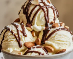 Ninja Creami Almond Joy Ice Cream topped with chocolate and almonds.