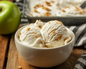 A delicious bowl of Ninja Creami apple cobbler ice cream topped with apple pieces and cinnamon.