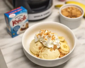 Delicious Ninja Creami banana pudding ice cream in a bowl with a spoon