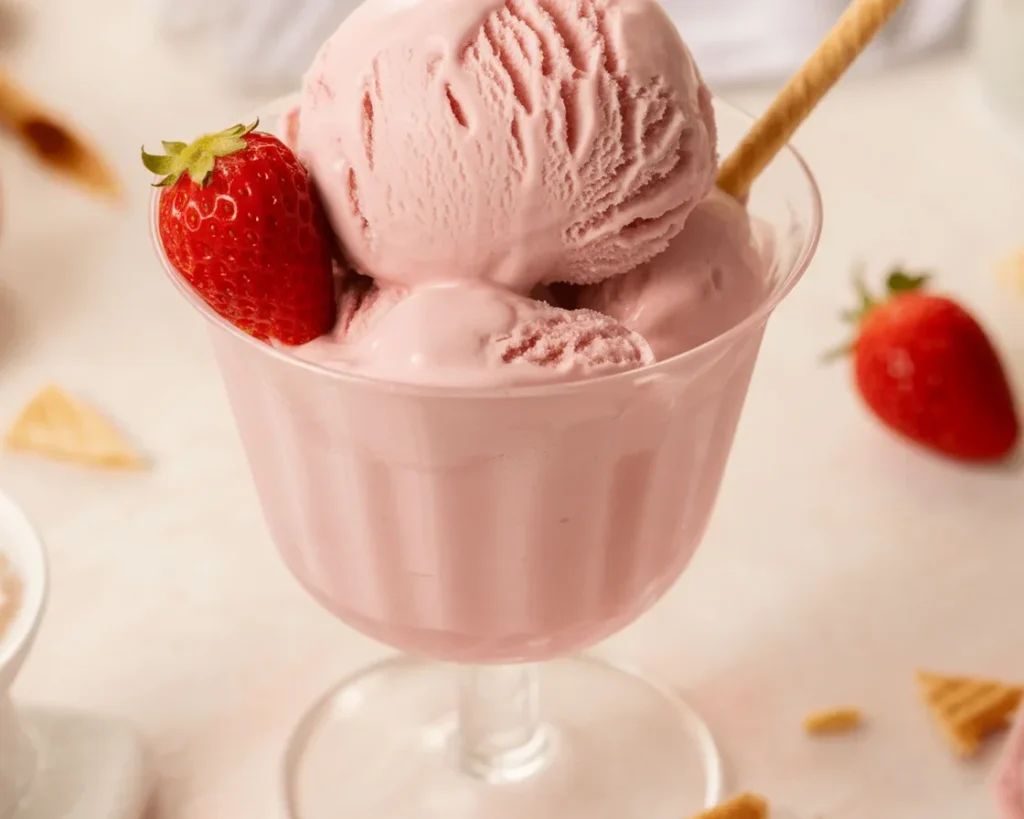 Homemade Ninja Creami strawberry ice cream with fresh strawberries and cream.