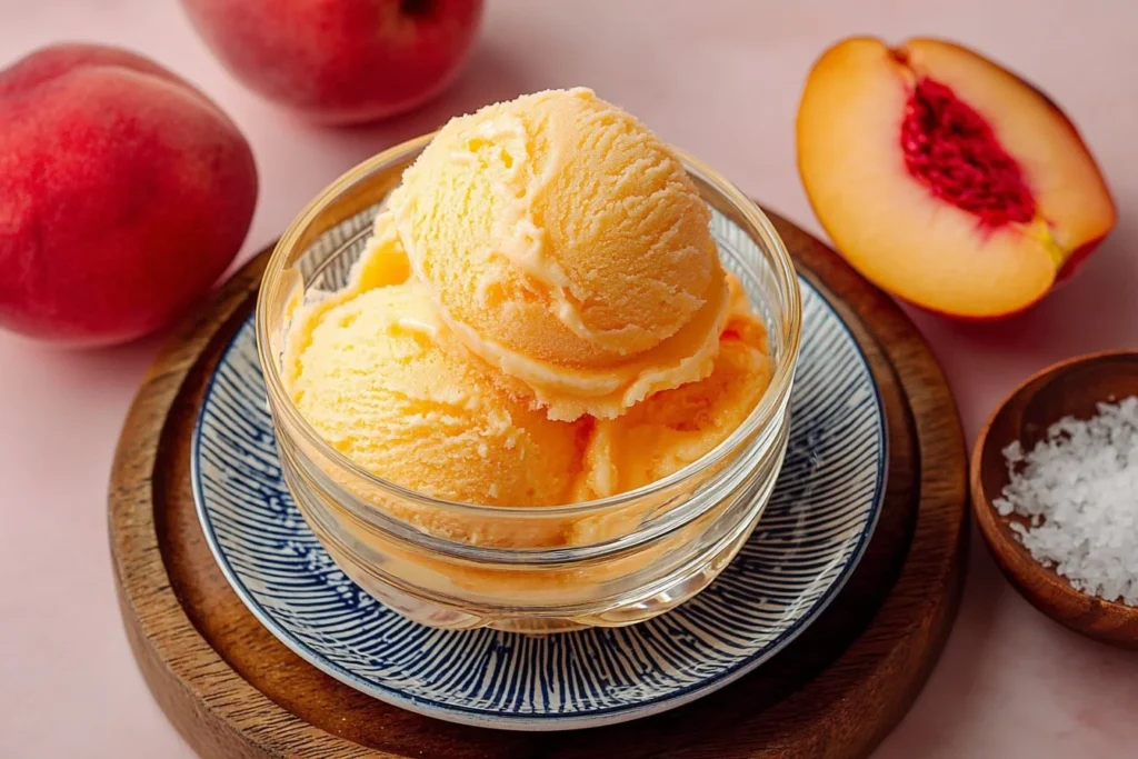 Homemade peach sorbet served in a bowl with fresh peach slices