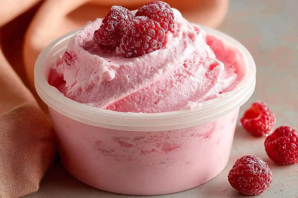 Delicious Raspberry Sherbet in a bowl with fresh raspberries on top