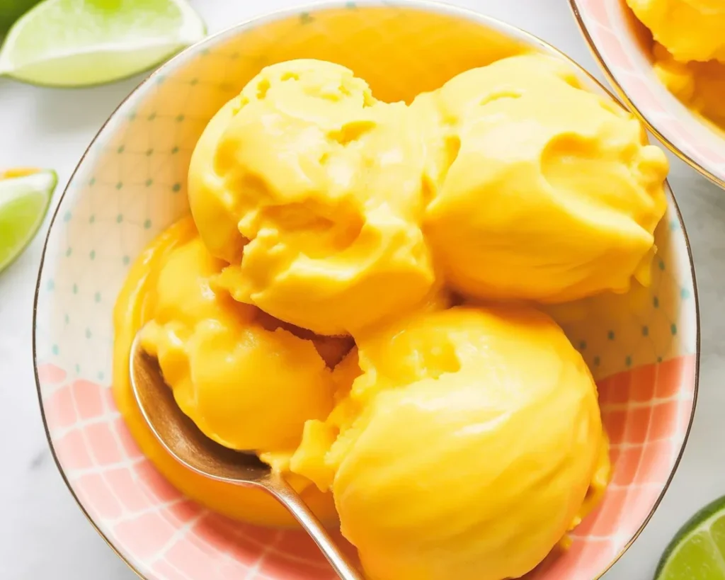Delicious Mango-Lime Sorbet made with ripe mango and lime juice