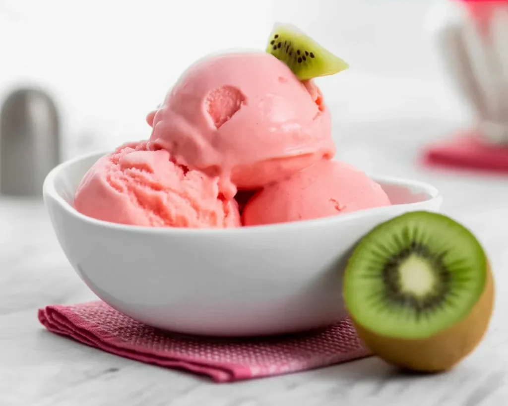 Delicious Strawberry Kiwi Sorbet served in a bowl with fresh berries on top.
