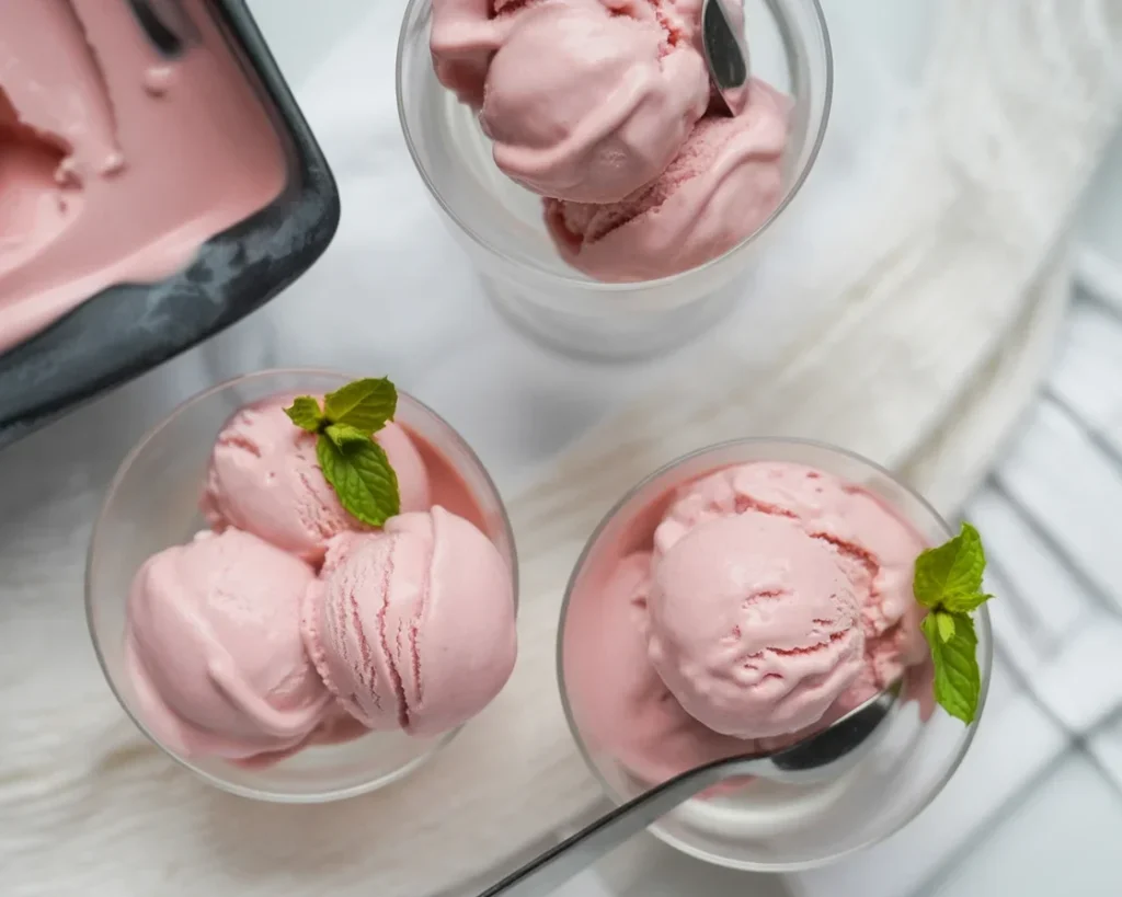 Delicious vegan pomegranate nice cream topped with pomegranate seeds.
