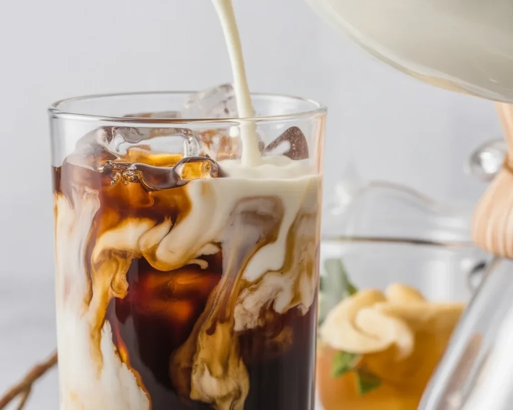 Delicious iced coffee in a glass filled with ice cubes and milk.