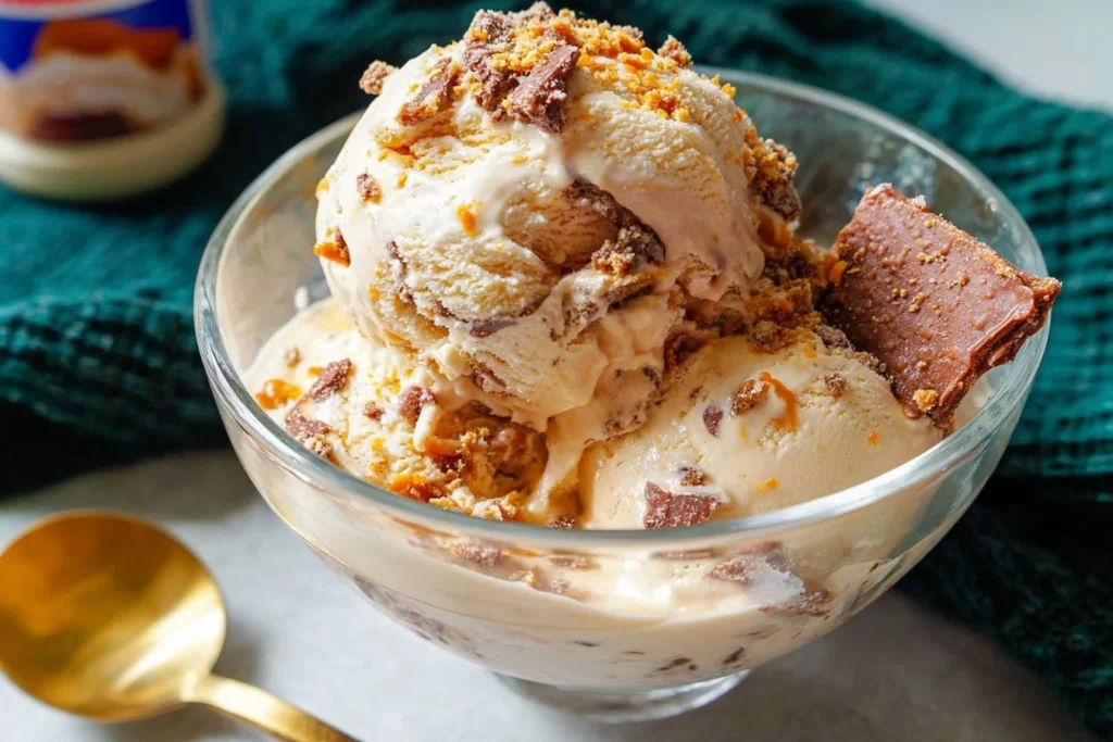 A bowl of creamy Butterfinger Ice Cream topped with crunchy candy pieces