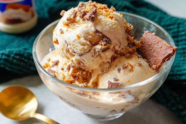 A bowl of creamy Butterfinger Ice Cream topped with crunchy candy pieces