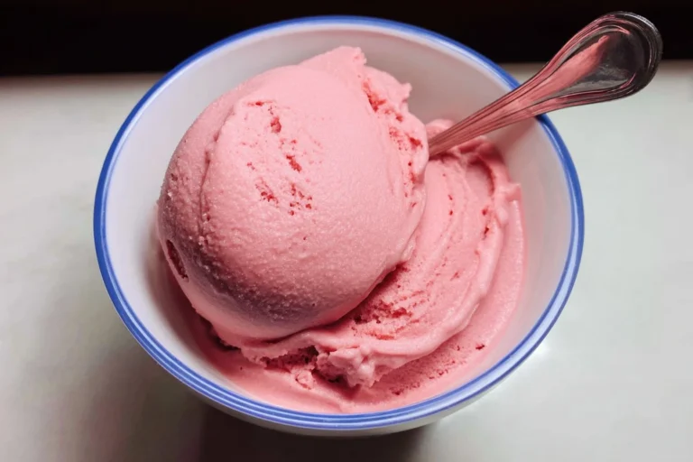 Scoop of creamy rose ice cream in a cone with rose petals decoration