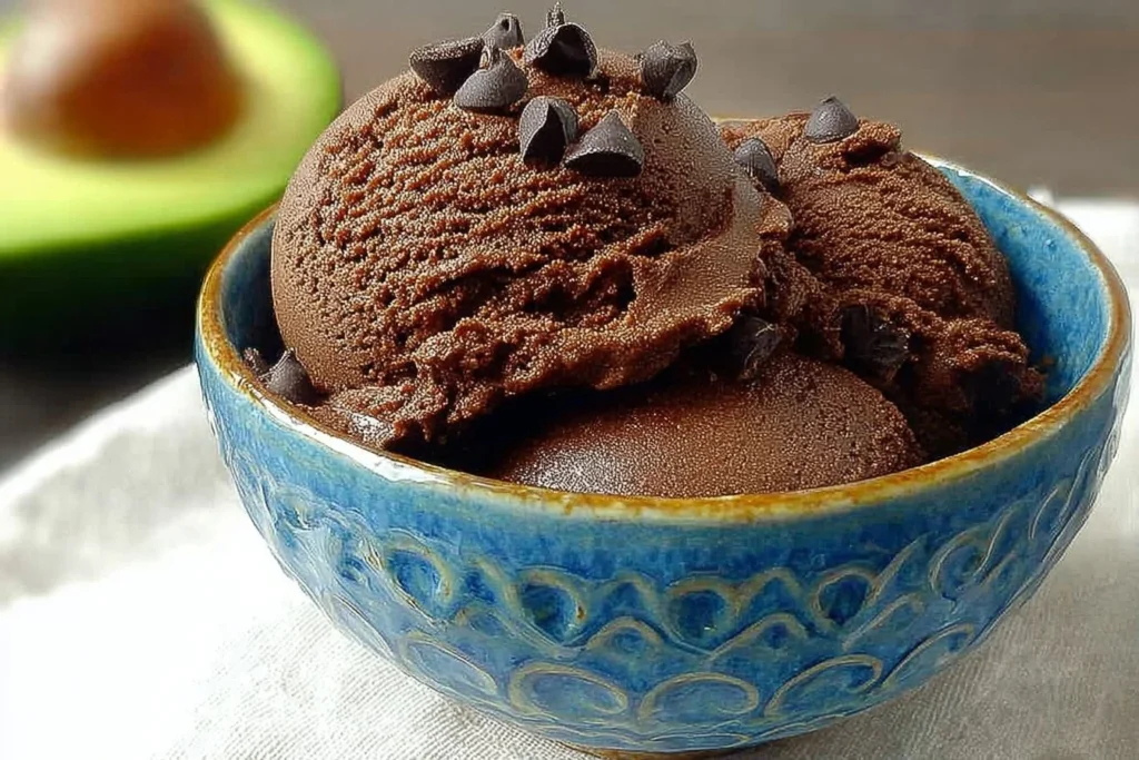 Delicious double chocolate avocado ice cream in a bowl