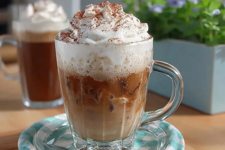 Double Chocolate Tiramisu Iced Coffee topped with cocoa powder and chocolate shavings