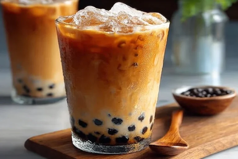 A refreshing iced coffee boba with tapioca pearls in a clear glass.