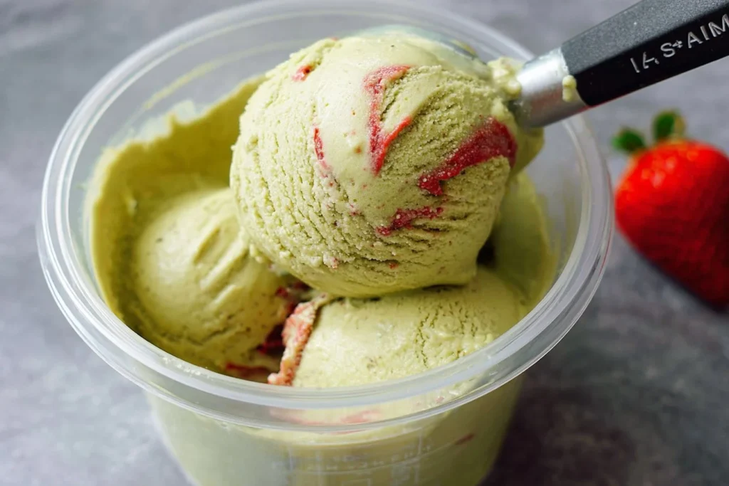 Creamy matcha strawberry ice cream topped with fresh strawberries