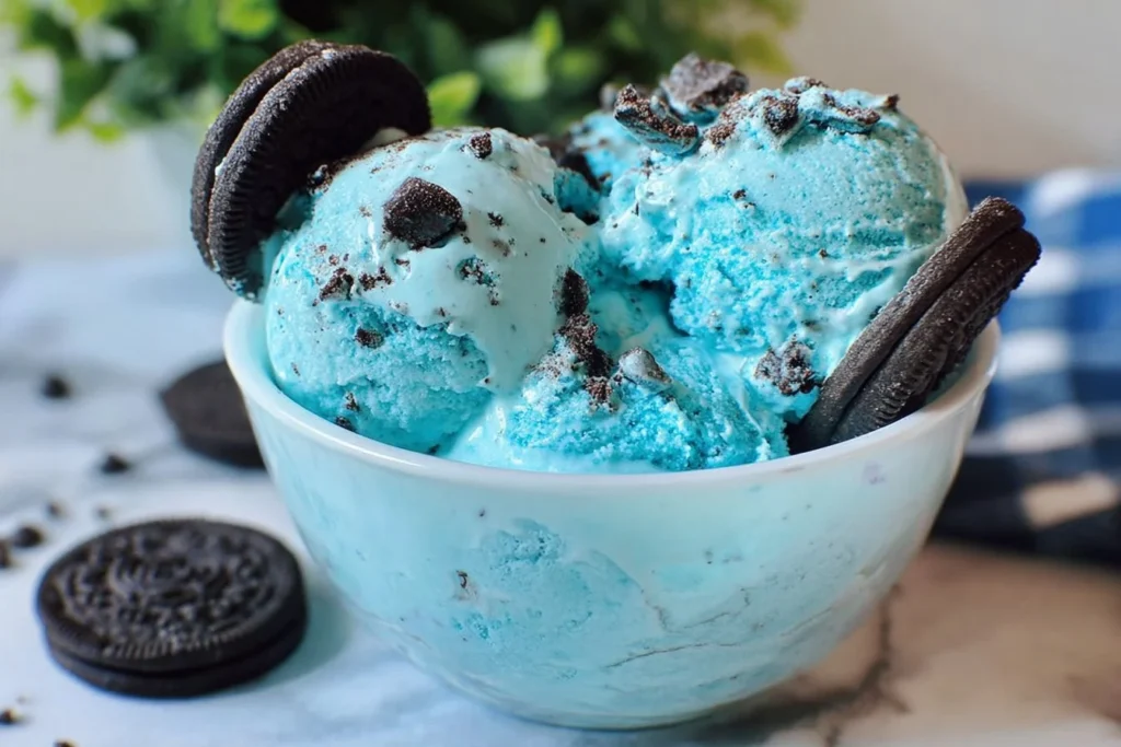 Ninja Creami Cookie Monster Ice Cream with vibrant blue color and cookie chunks.