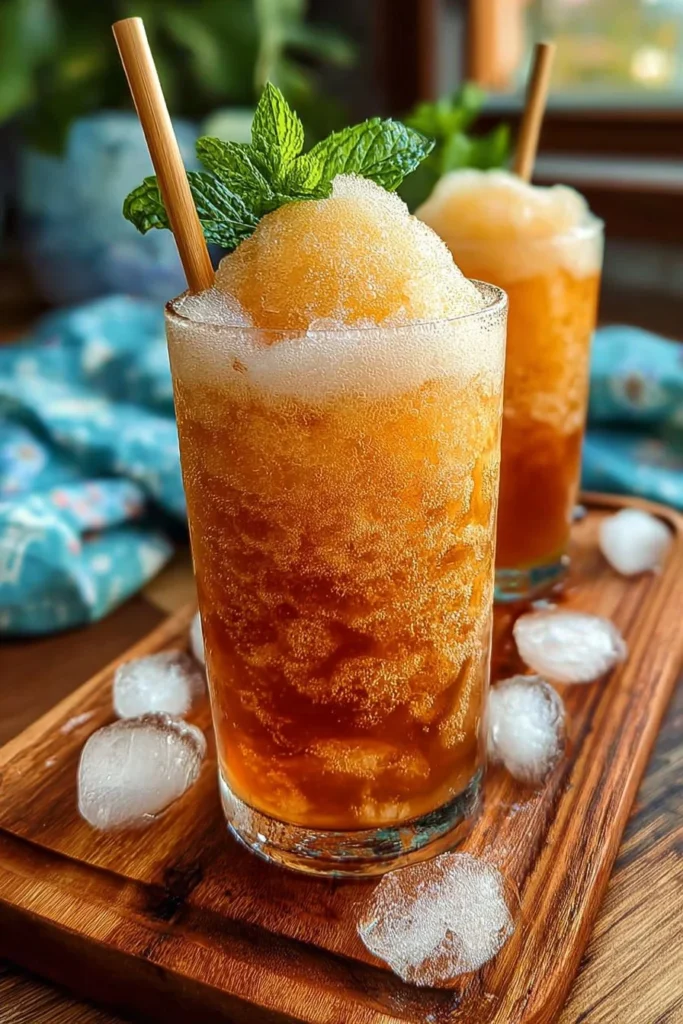 A refreshing glass of Ninja Slushi Iced Tea with vibrant colors and ice.