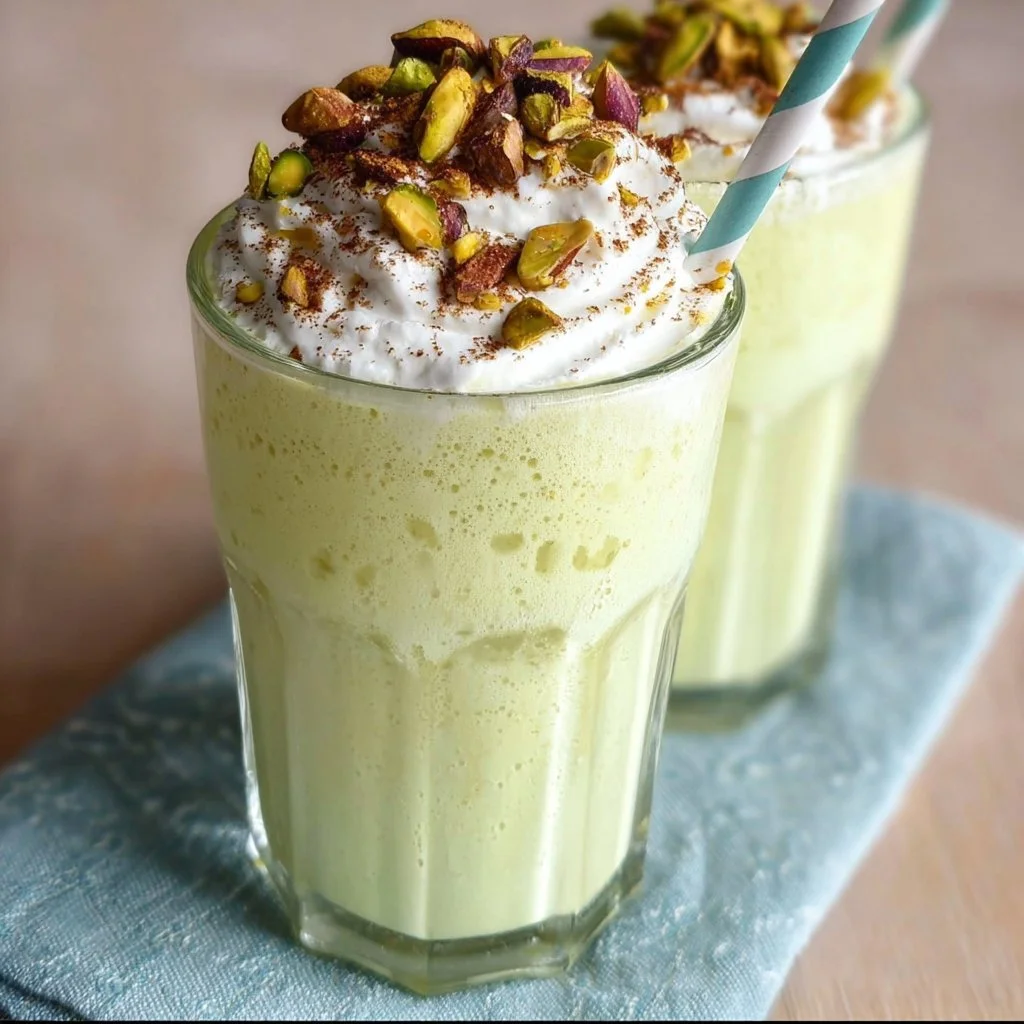Ninja Slushi pistachio milkshake topped with whipped cream and crushed pistachios