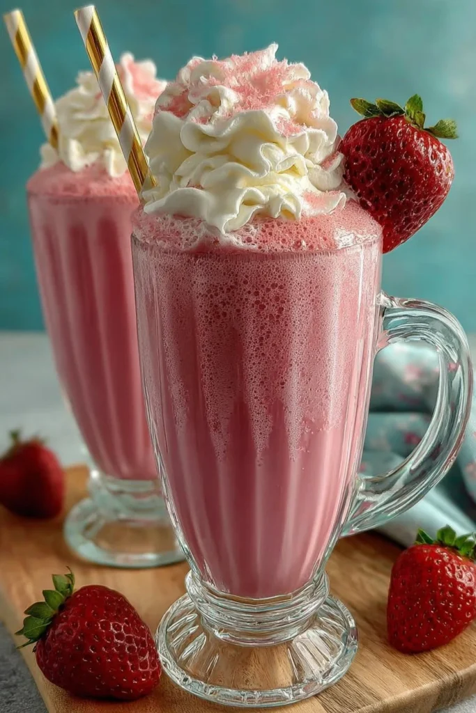 Ninja Slushi strawberry milkshake in a glass with whipped cream and strawberries