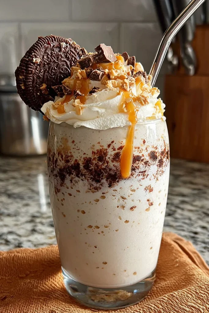 Ninja Slushi Vanilla Protein Milkshake served in a glass with a straw