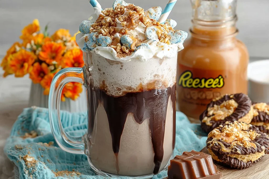 Reese's coffee milkshake topped with whipped cream and chocolate drizzle