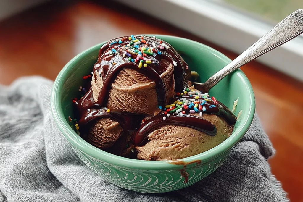 Small-batch chocolate avocado protein ice cream in a bowl with scoops.