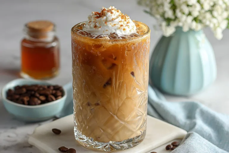 Delicious Vanilla Iced Latte with whipped cream and a straw