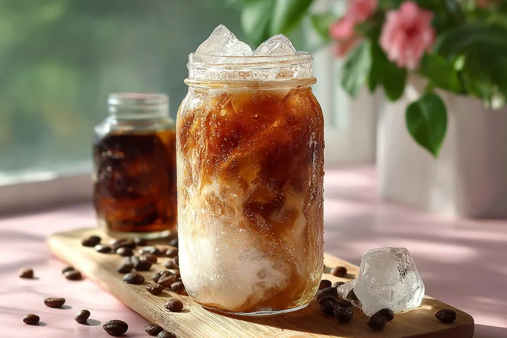 Vanilla Sweet Cream Cold Brew coffee in a glass with whipped cream and vanilla syrup