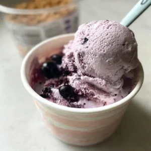 Creamy blueberry cheesecake ice cream served in a bowl