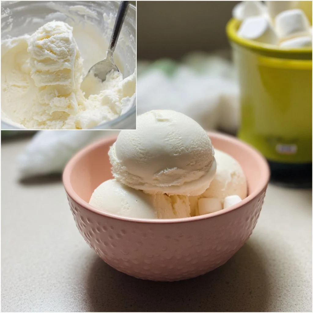 Homemade Ninja Creami marshmallow ice cream in a bowl with toppings.