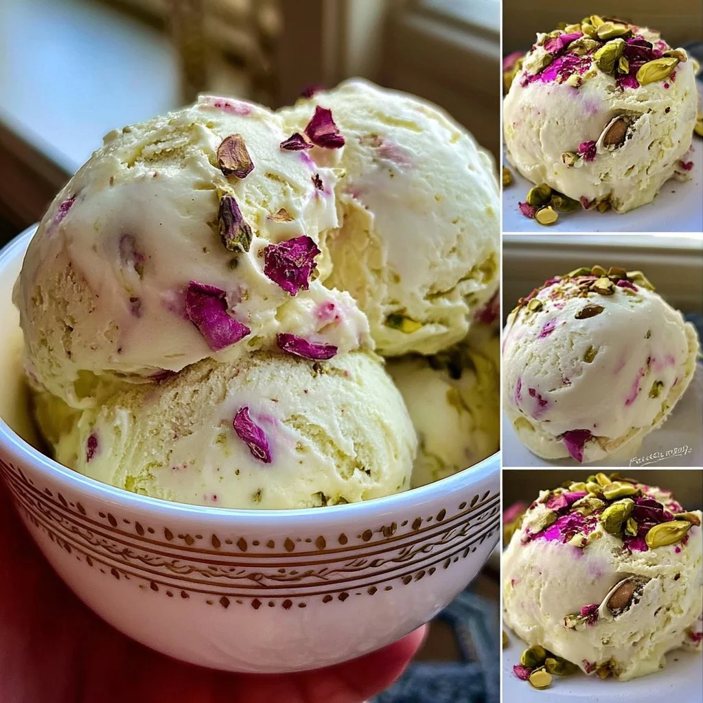 Rose pistachio cheesecake ice cream served in a bowl with fresh rose petals.