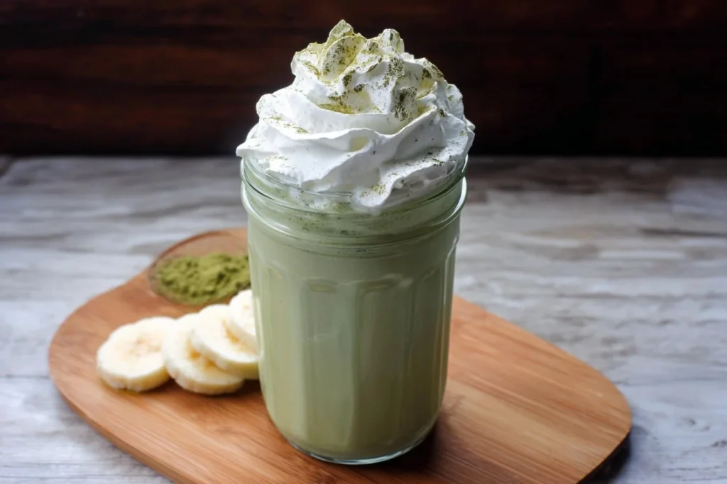 Creamy Matcha Green Tea Frappuccino topped with whipped cream and matcha sprinkles
