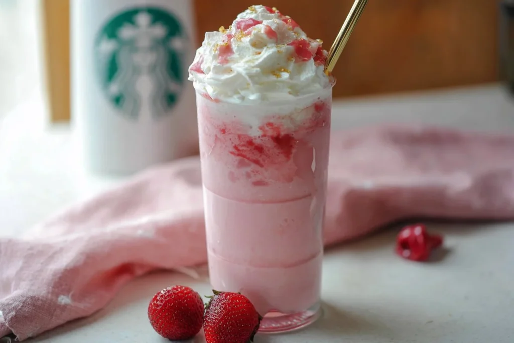 Strawberry Cheesecake Frappuccino topped with whipped cream and strawberry drizzle