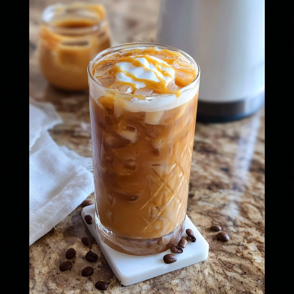 A refreshing glass of healthy caramel iced coffee with a creamy finish