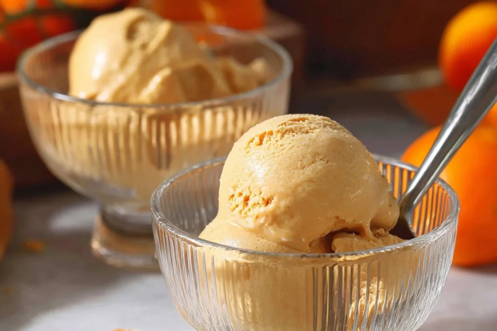 Sugar-free pumpkin spice chai ice cream in a bowl with cinnamon topping