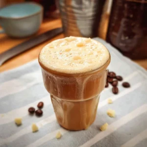 Delicious white chocolate espresso drink topped with whipped cream.