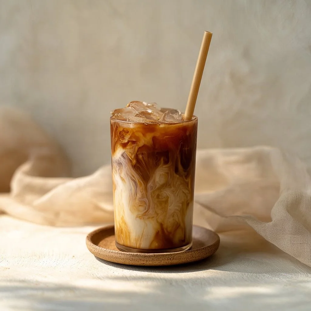Delicious caramel iced coffee served in a clear glass with ice and whipped cream