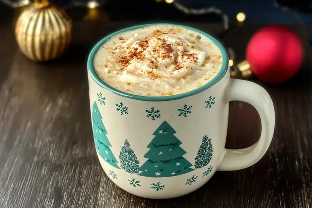 A warm chai eggnog latte topped with cinnamon and nutmeg in a festive mug.
