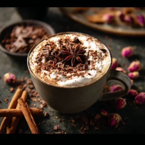 A cozy scene featuring a warm drink by the fireplace, capturing winter delight.