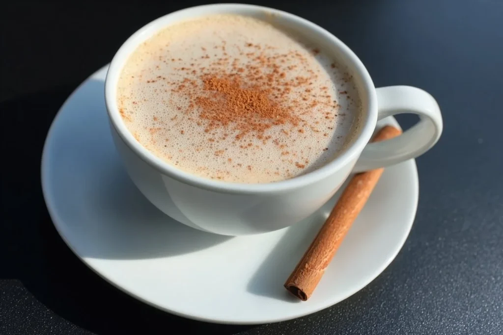 Cup of homemade vanilla cinnamon milk tea with spices and vanilla bean