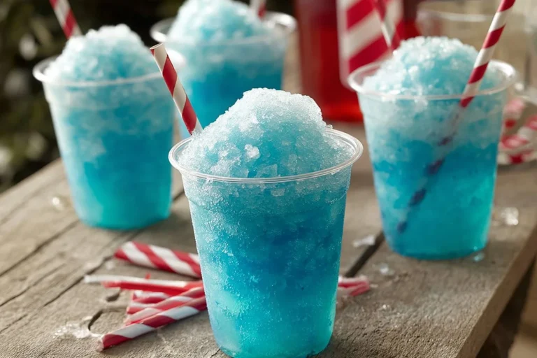 Colorful Kool-Aid Slushie in a glass with ice cubes and a straw
